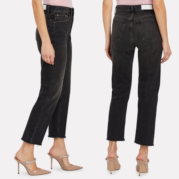 RE/DONE- 70s High Rise Stovepipe Distressed Frayed Hem Jeans in Aged Black - Picture 10 of 10